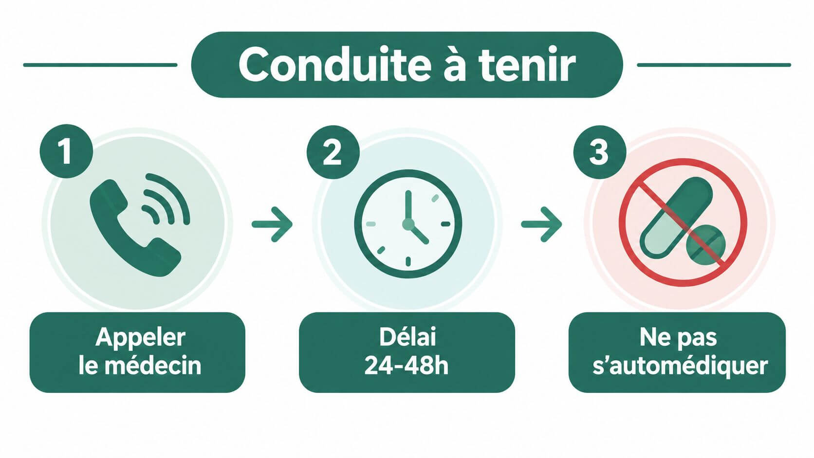 Illustration showing three steps to follow: call the doctor, wait 24 to 48 hours, and avoid self-medication.