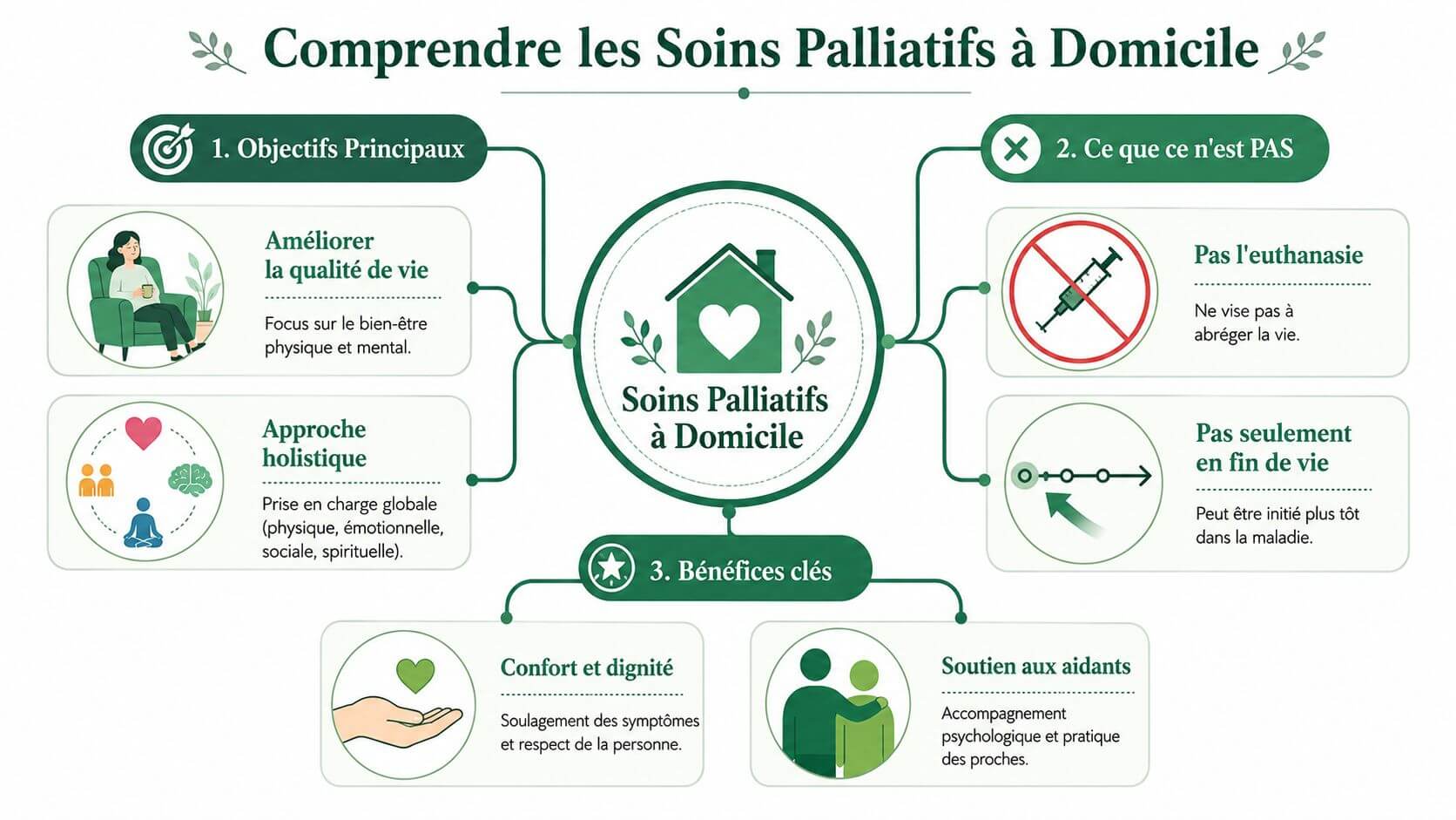 Pedagogical infographic explaining the objectives, definitions and benefits of home palliative care.