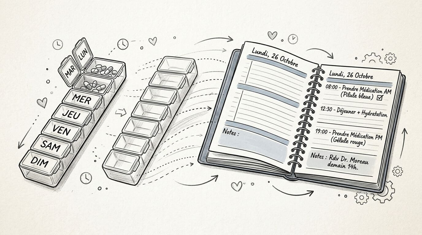 A weekly drug organizer opened next to a notebook planning the day of October 26.