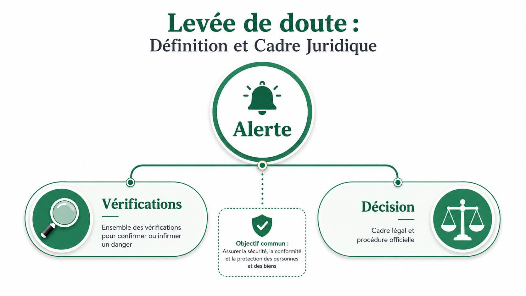 Explanatory diagram illustrating the steps of a resolution of doubt, including alert, verification and final decision.