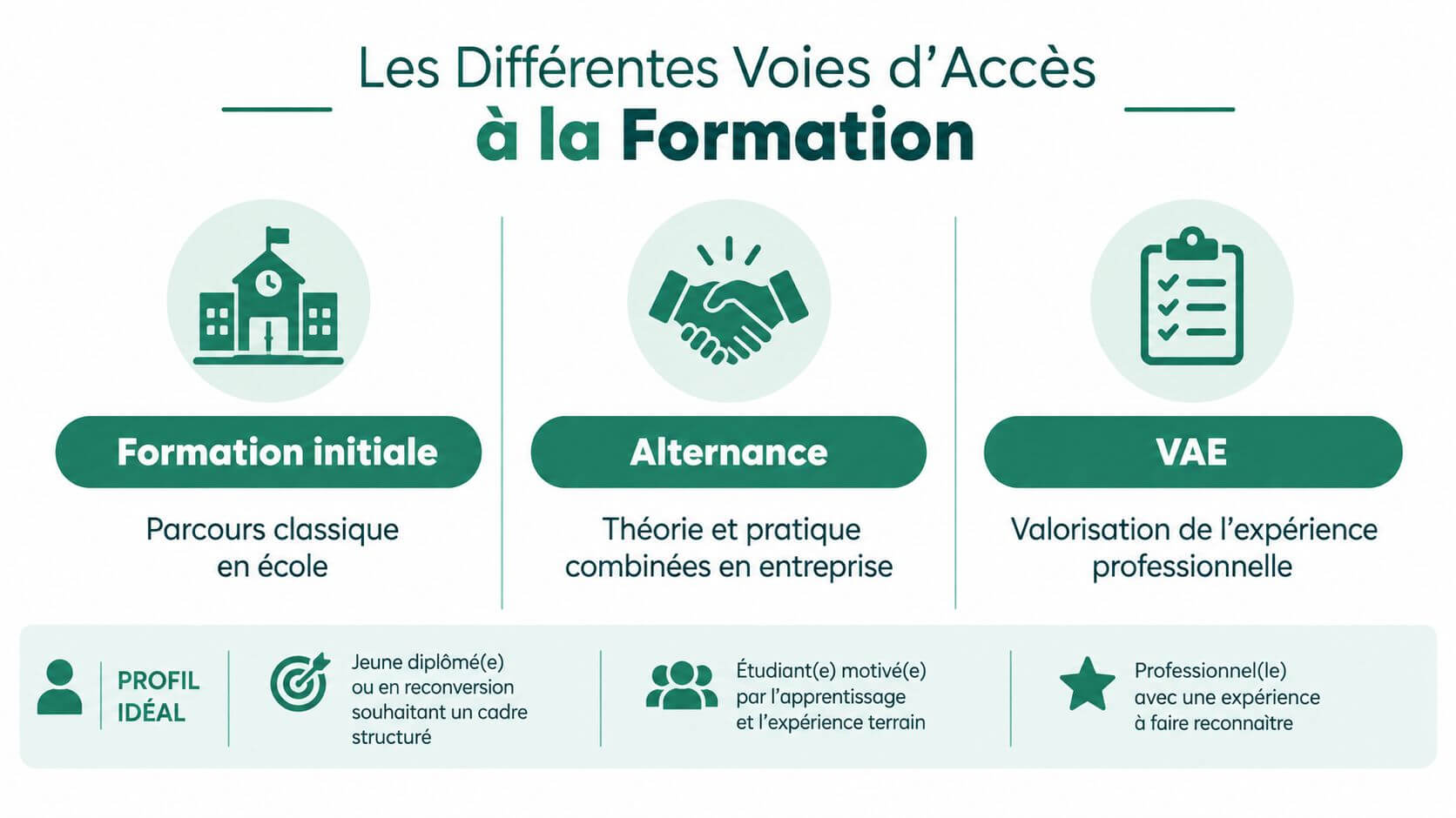 Infographic showing the three routes of access to training: initial training, alternance and VAE.