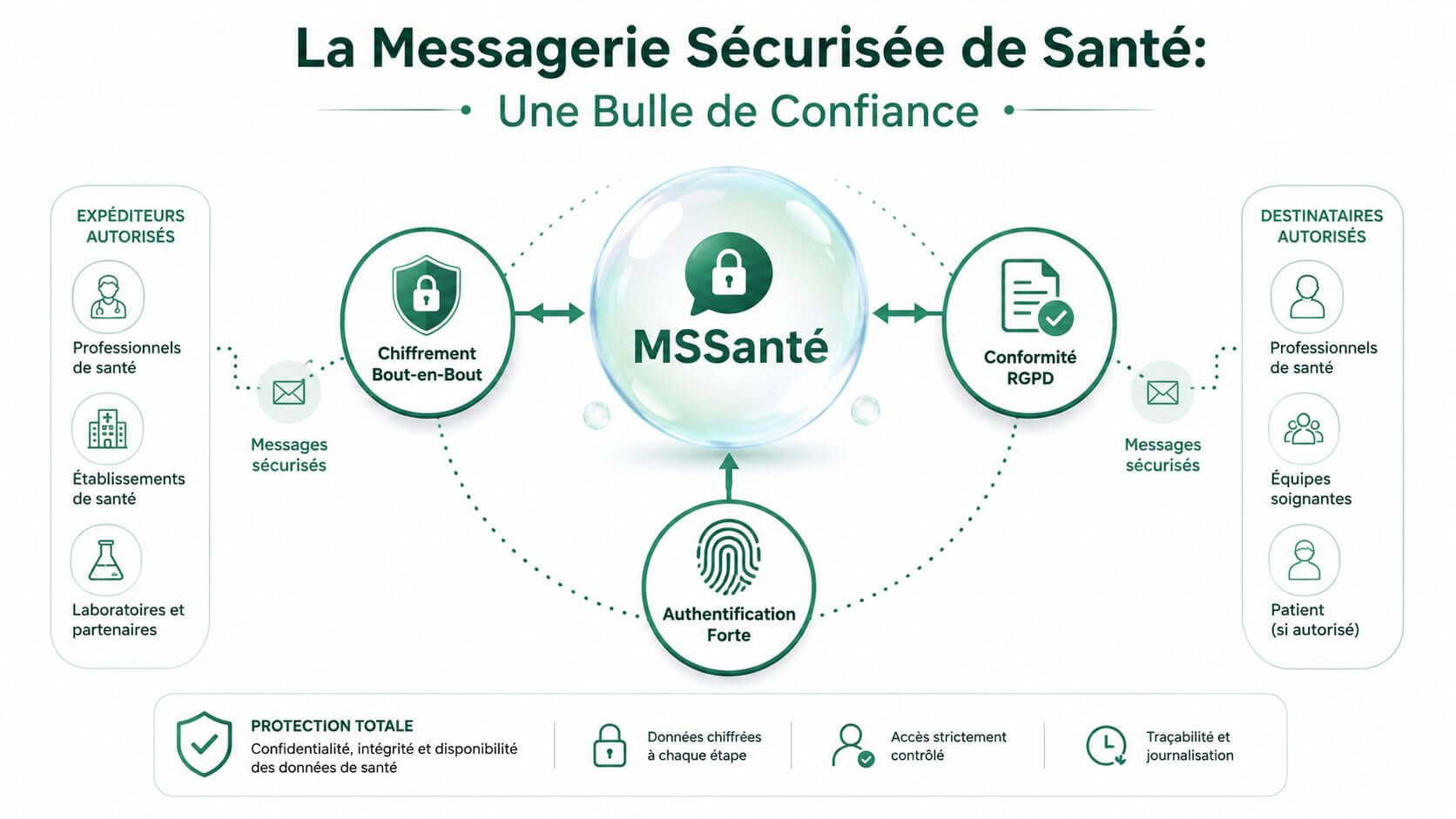 Explanatory diagram of the operation and security guarantees of MSSanté's secure health messaging in France.
