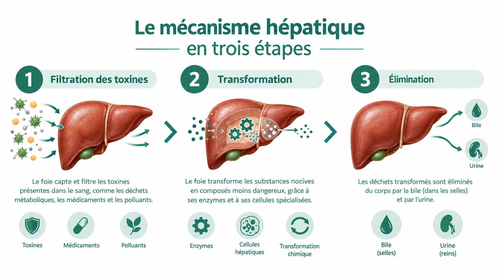 Explanatory diagram showing the mechanism of filtration, transformation and elimination of toxins by the human liver.