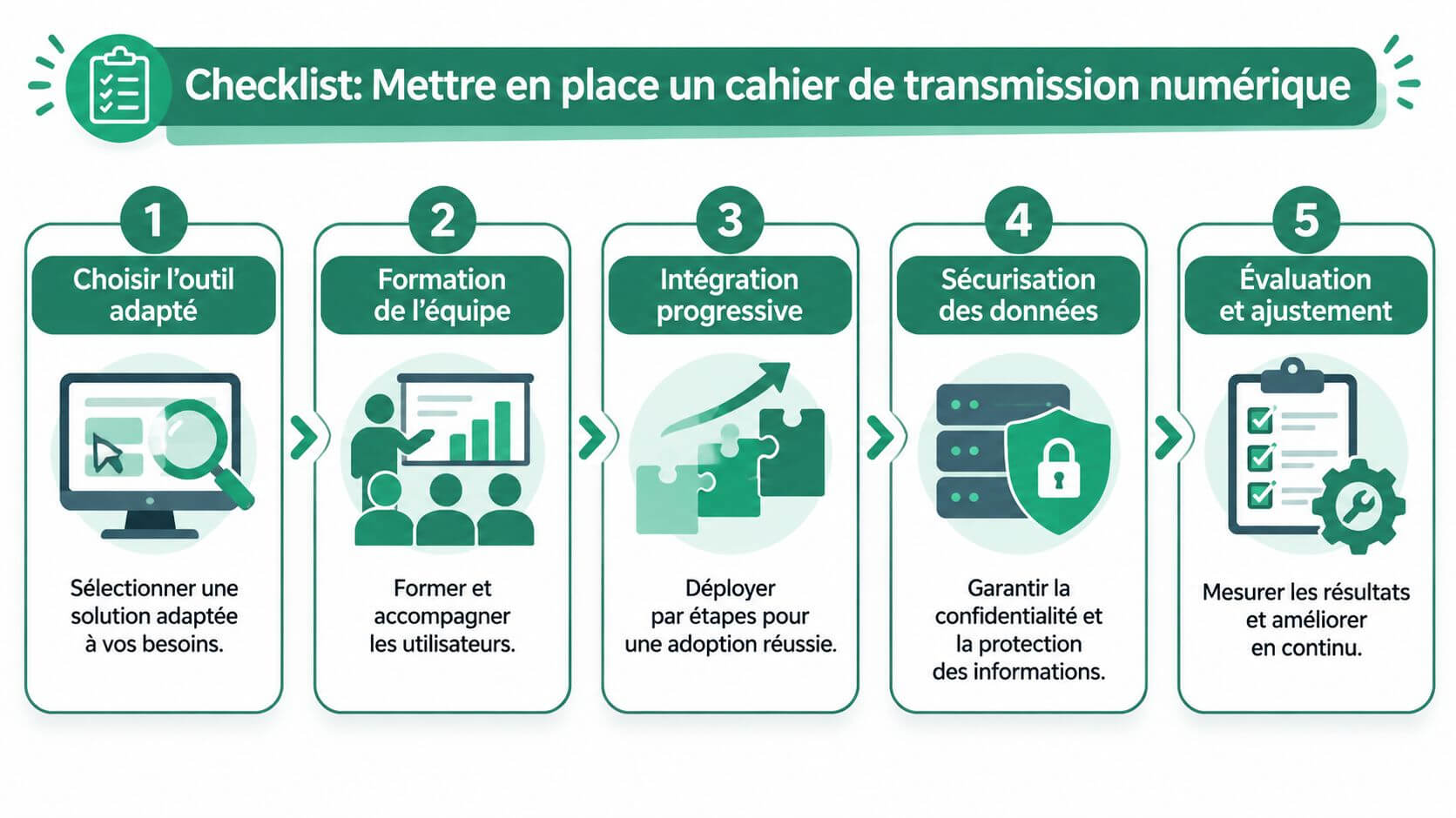 A five-step infographic for the implementation of a digital transmission book in the company.