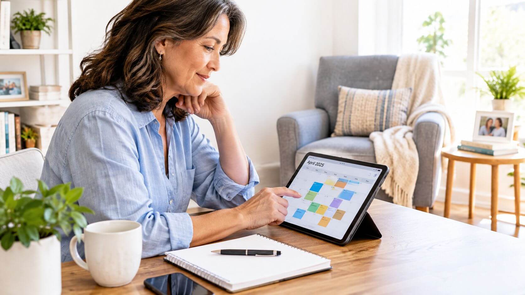 A mature woman consults her digital calendar on a tablet to organize her days as a caregiver.