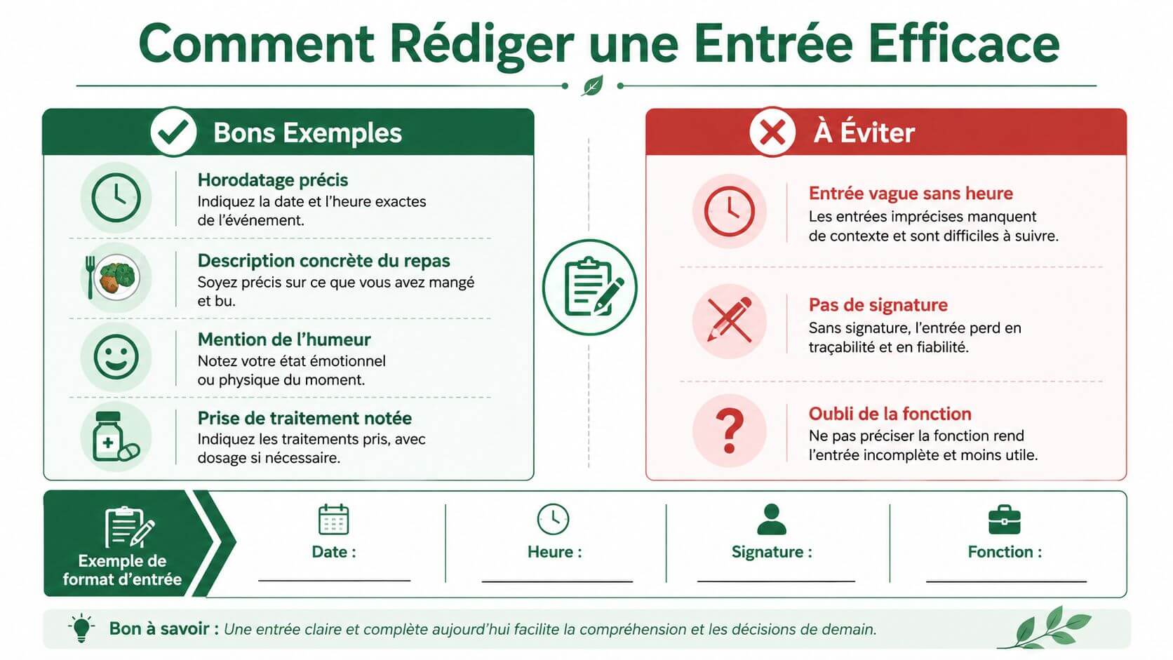 Pedagogical infographic presenting good practices and mistakes to avoid when writing an entry in a notebook.