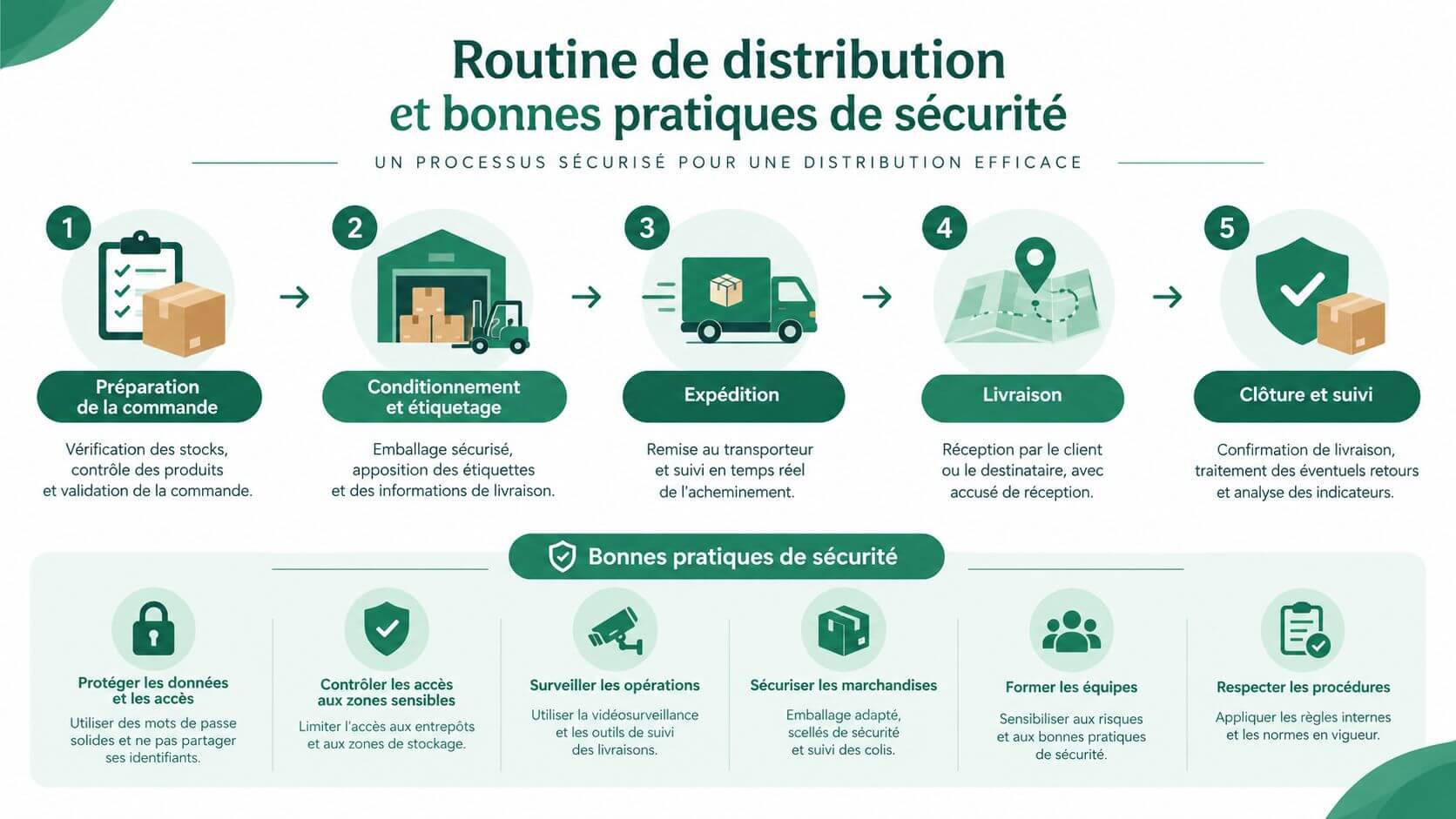 Infographic illustrating the secure order delivery process and good logistics security practices.