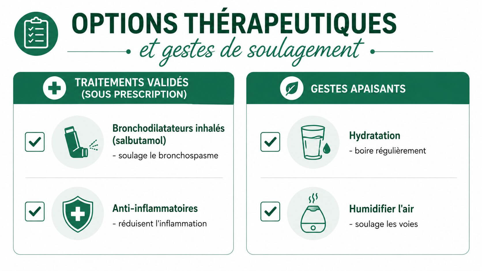 Summary table of prescribed therapeutic options and soothing actions to relieve asthmatiform bronchitis.