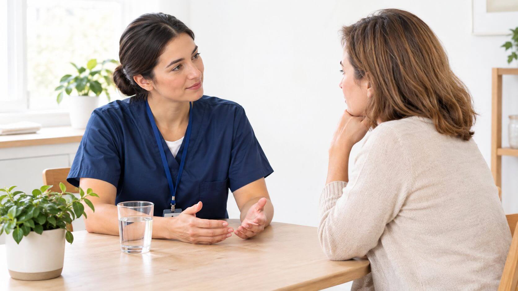 A caregiver chats with a patient during a home palliative care session in the living room.