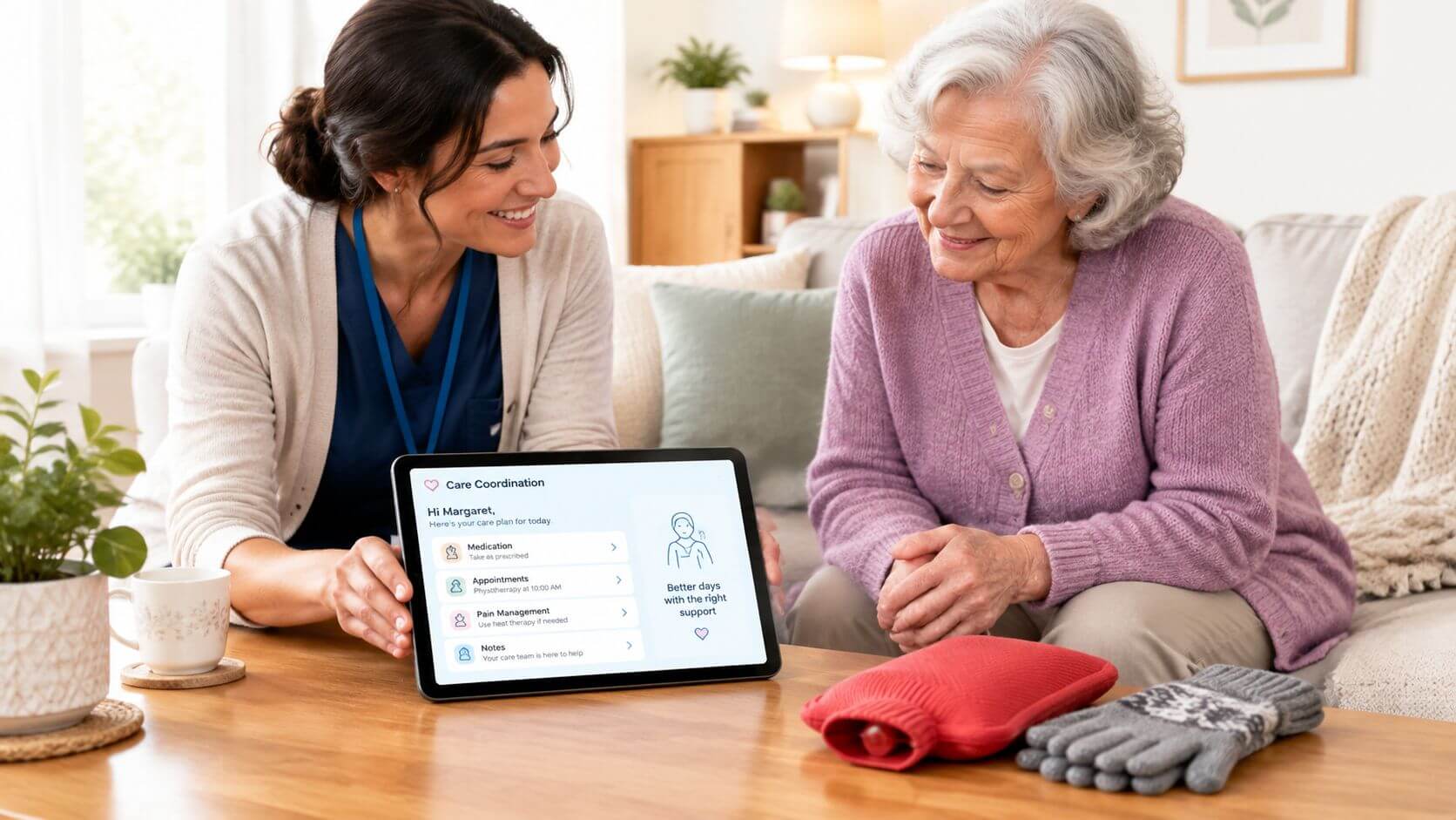 A nurse shows an elderly woman her daily care plan on a digital tablet.