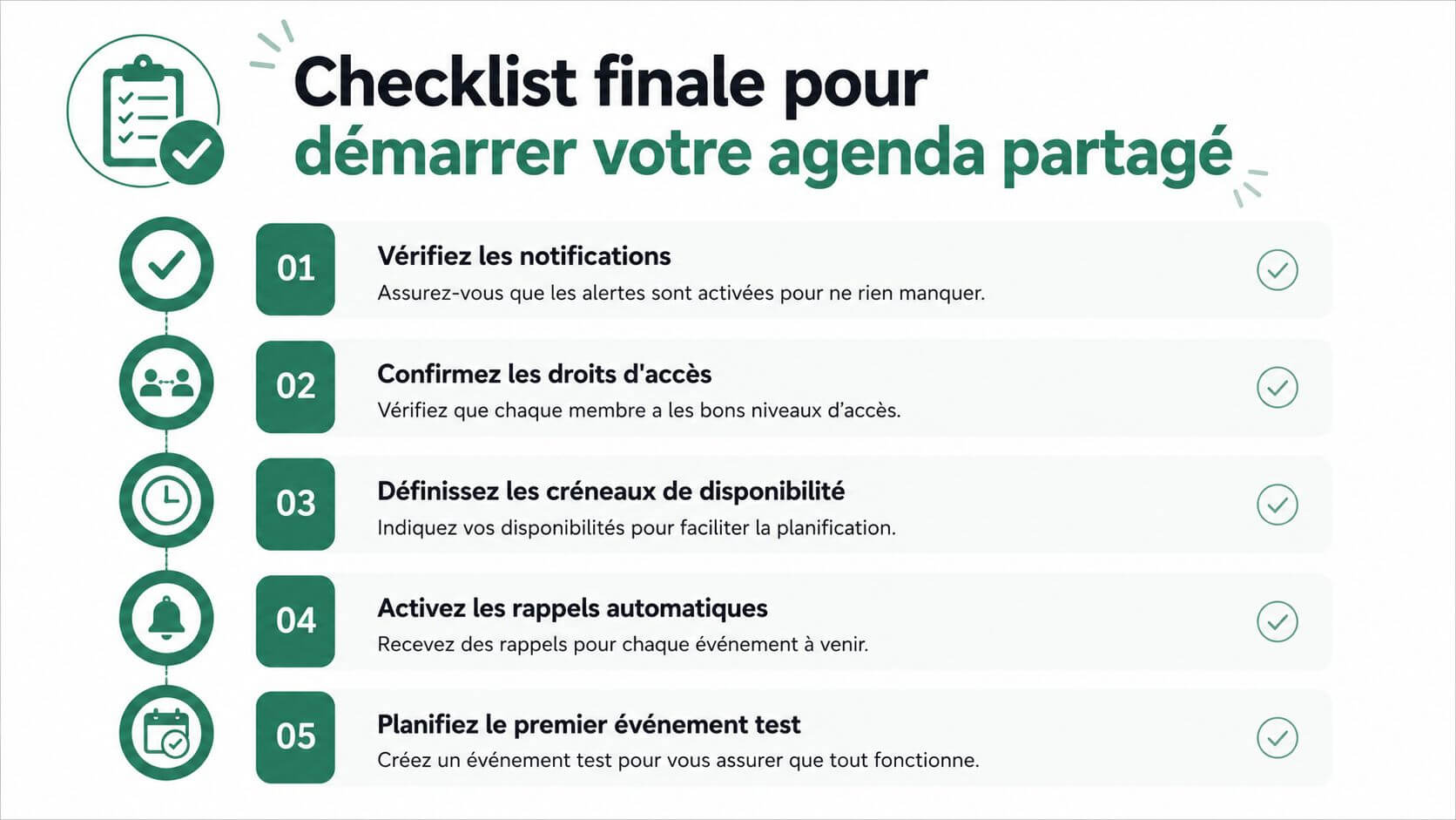 An illustrated checklist featuring five essential steps to effectively configure a shared calendar with family or team.