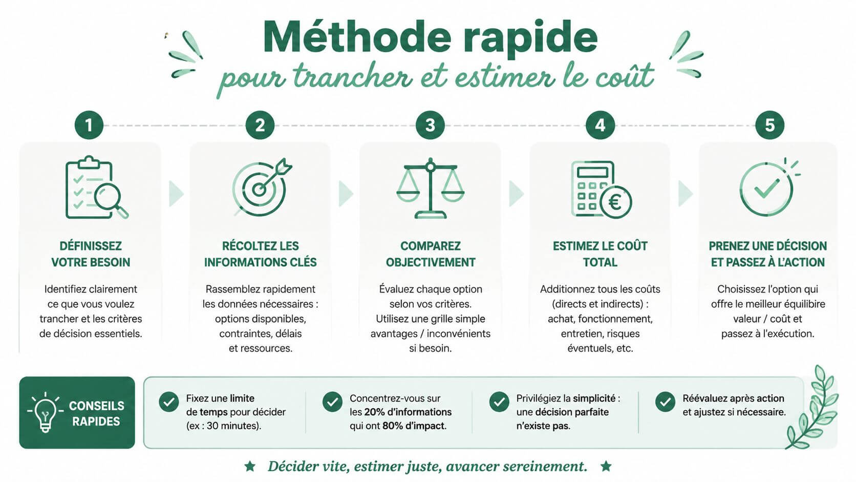 Infographic illustrating a quick five-step approach to making decisions and estimating costs effectively.