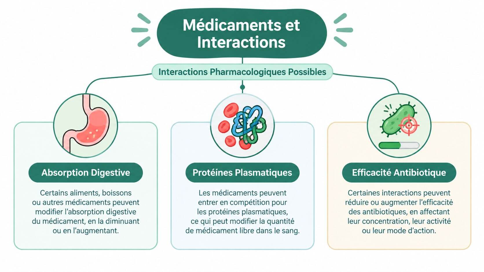 Explanatory diagram illustrating the three types of possible drug interactions: digestive absorption, plasma proteins, and antibiotic efficacy.