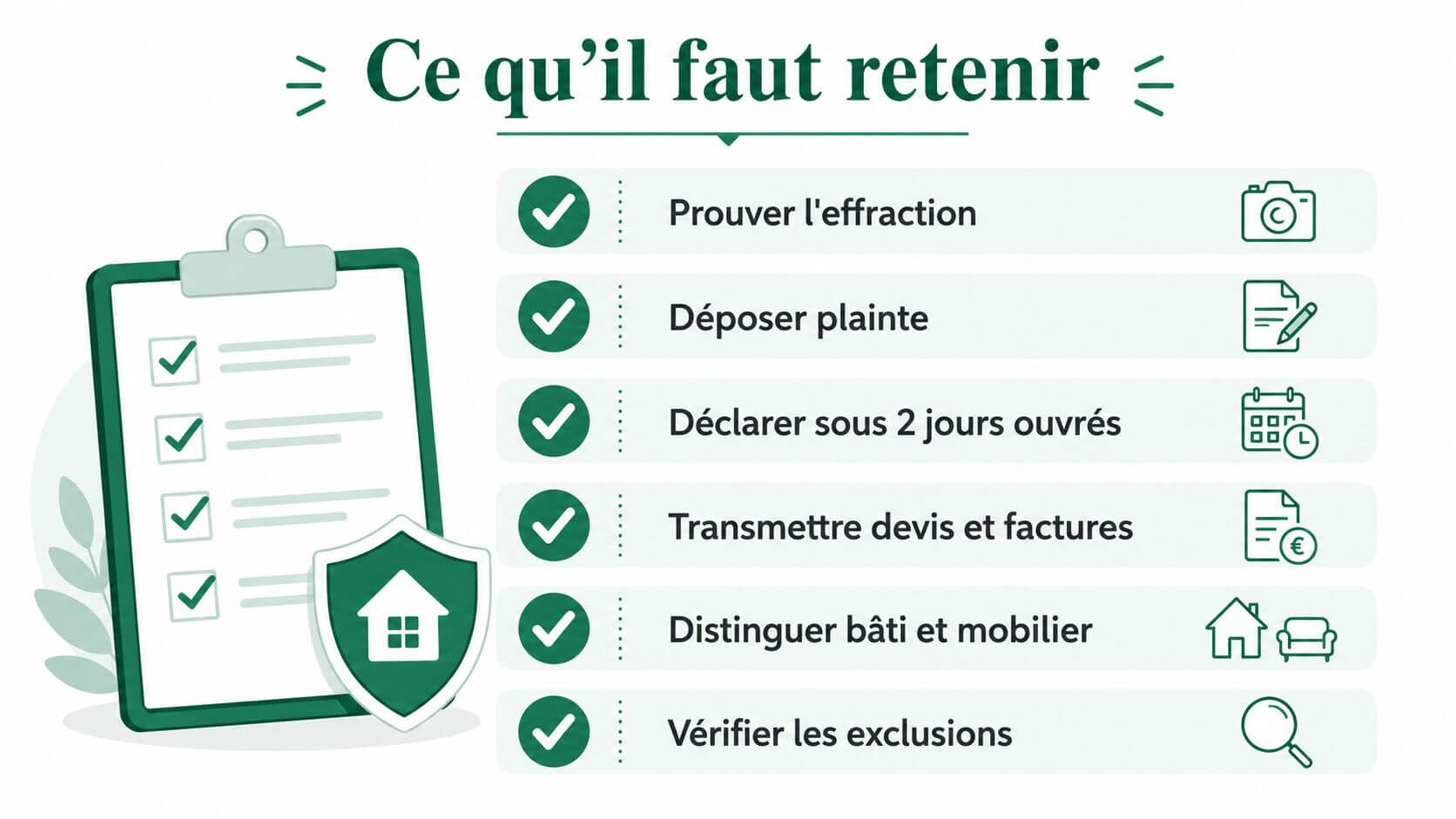 Infographic summarizing the key steps to follow in case of burglary for a successful home insurance declaration.