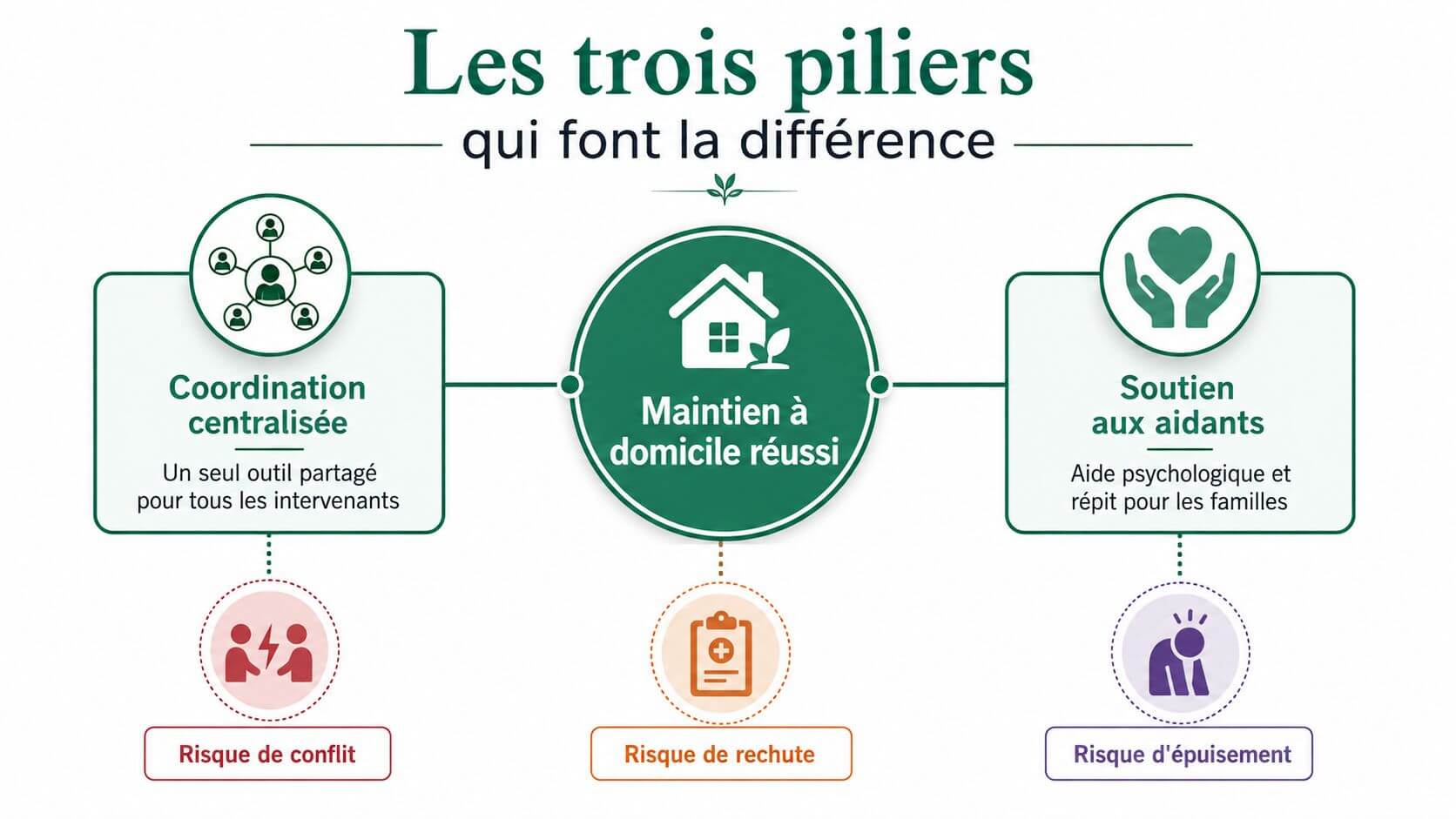 Infographic illustrating the three pillars of successful home support for seniors and dependents.