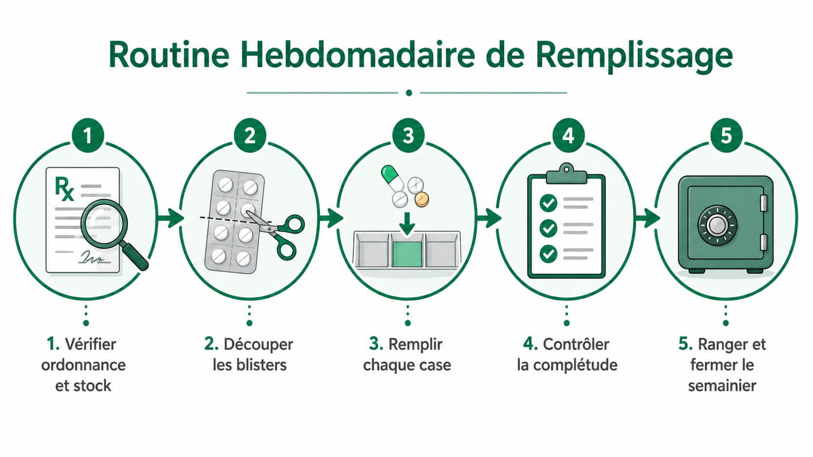 An infographic showing the five stages of the weekly pharmacy drug filling routine.