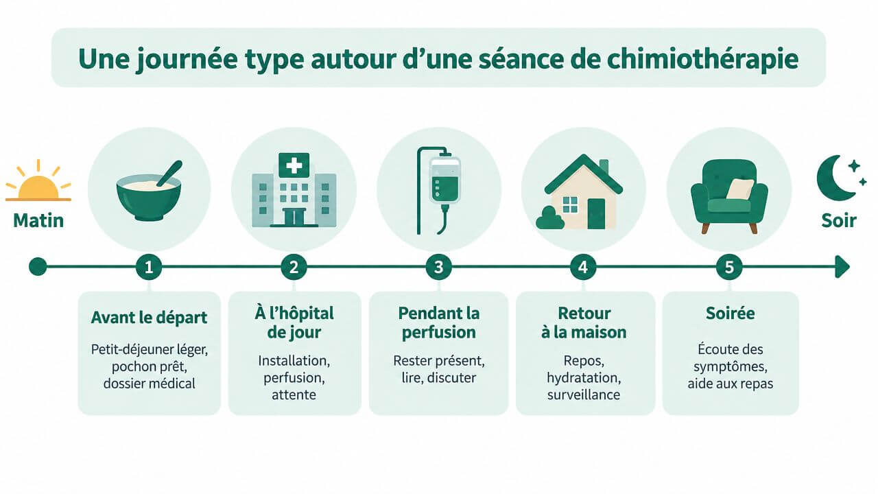 A chronology illustrating the course of a typical day around a chemotherapy session, from morning to evening.