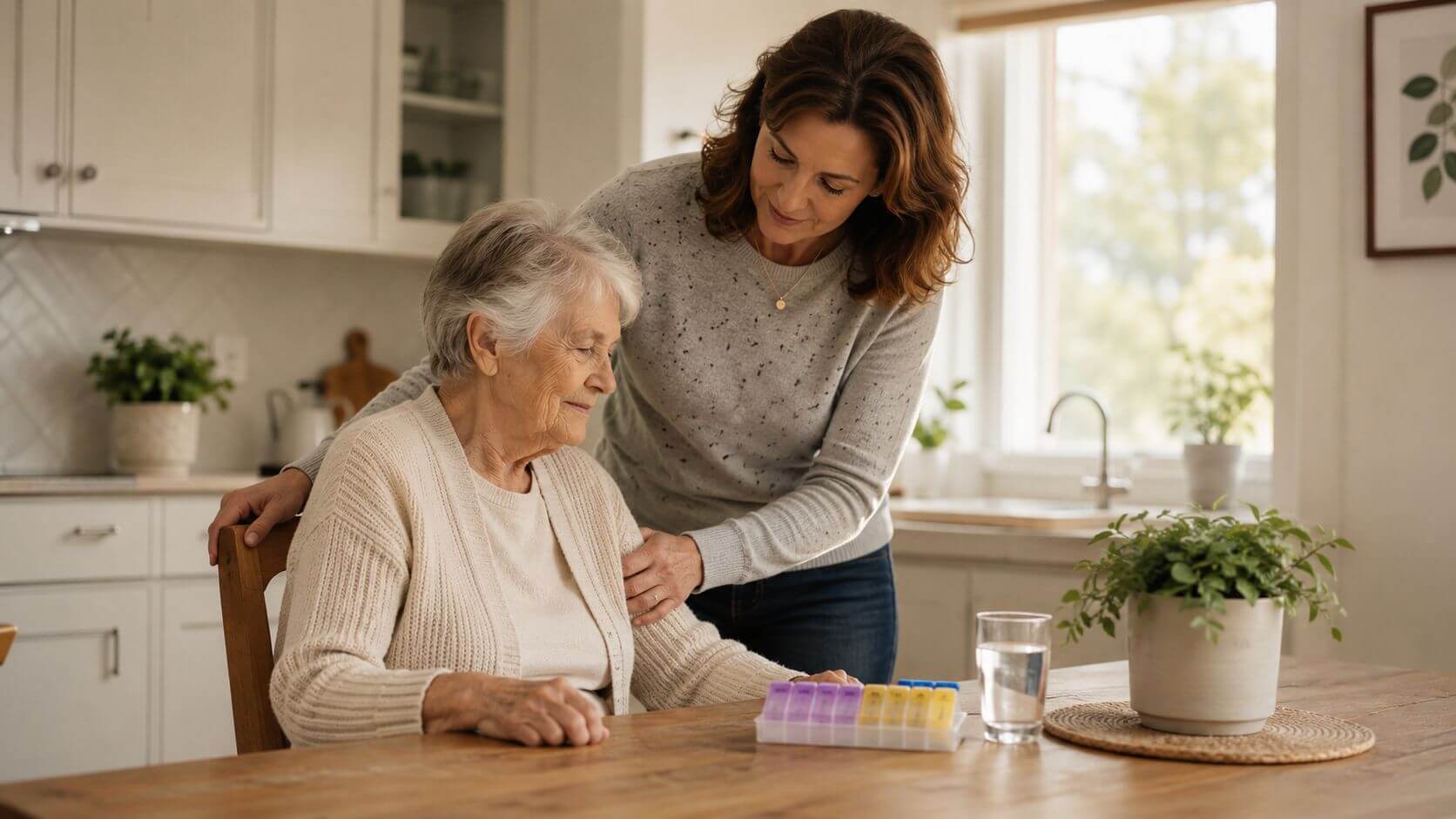 A woman helping an elderly person sitting at the table with a pillar in front of her in a kitchen.