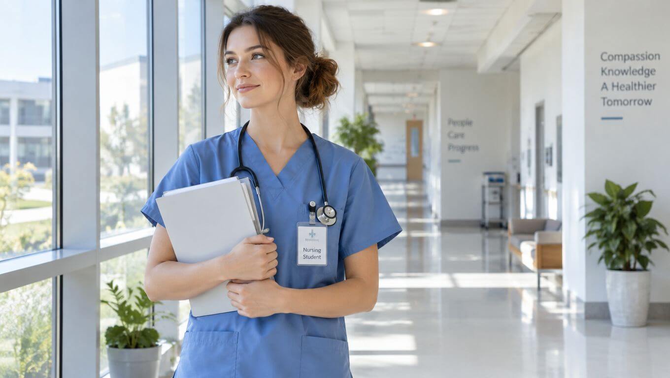 A young smiling nursing student wearing a blue uniform in a bright hospital corridor.
