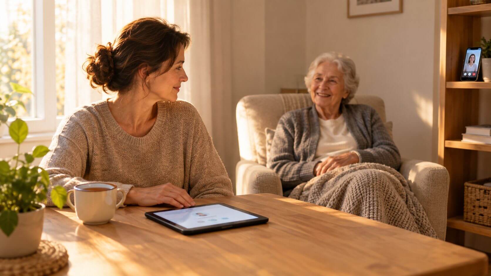 A woman and an elderly person sitting together use a tablet for a home support consultation.