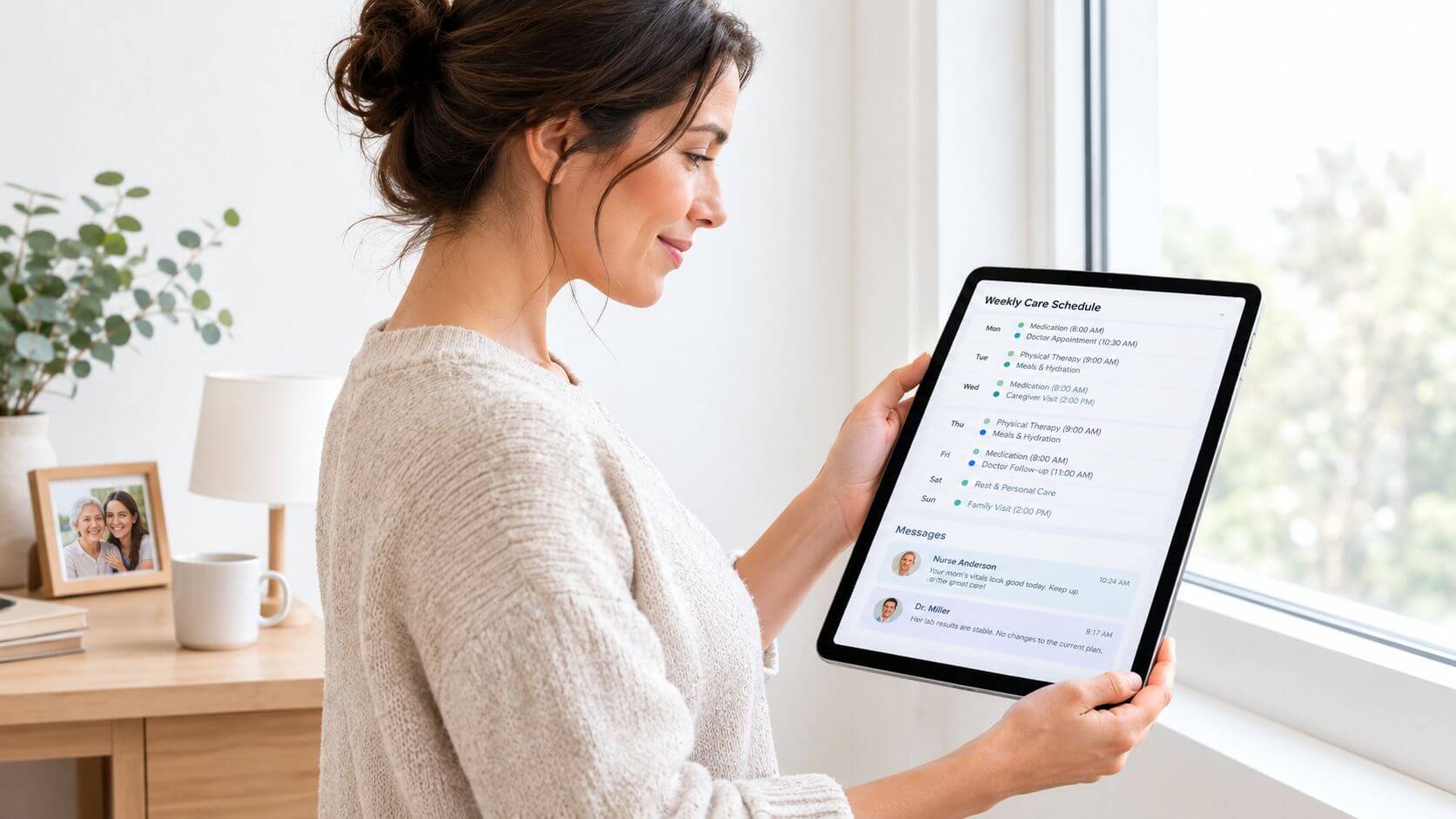 A smiling woman consults a health care planning app on her digital tablet