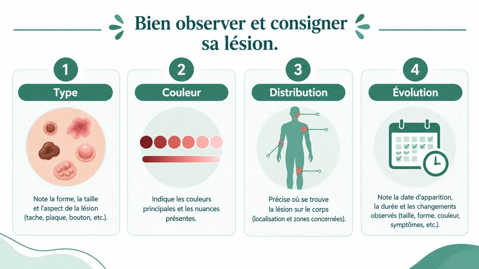 Pedagogical infographic illustrating the four essential steps to observe and record the characteristics of a skin injury.