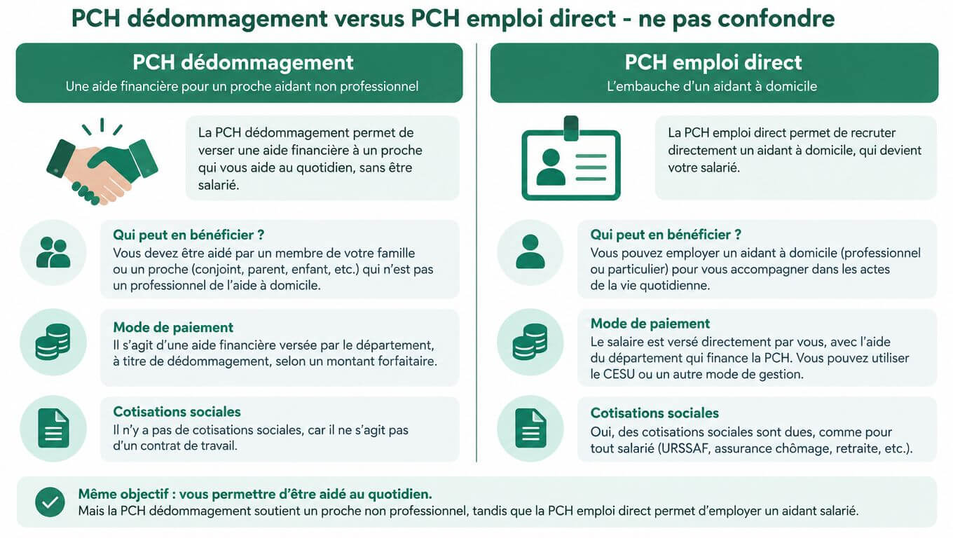 Comparative table explaining the differences between PCH compensation and PCH direct employment for caregivers.
