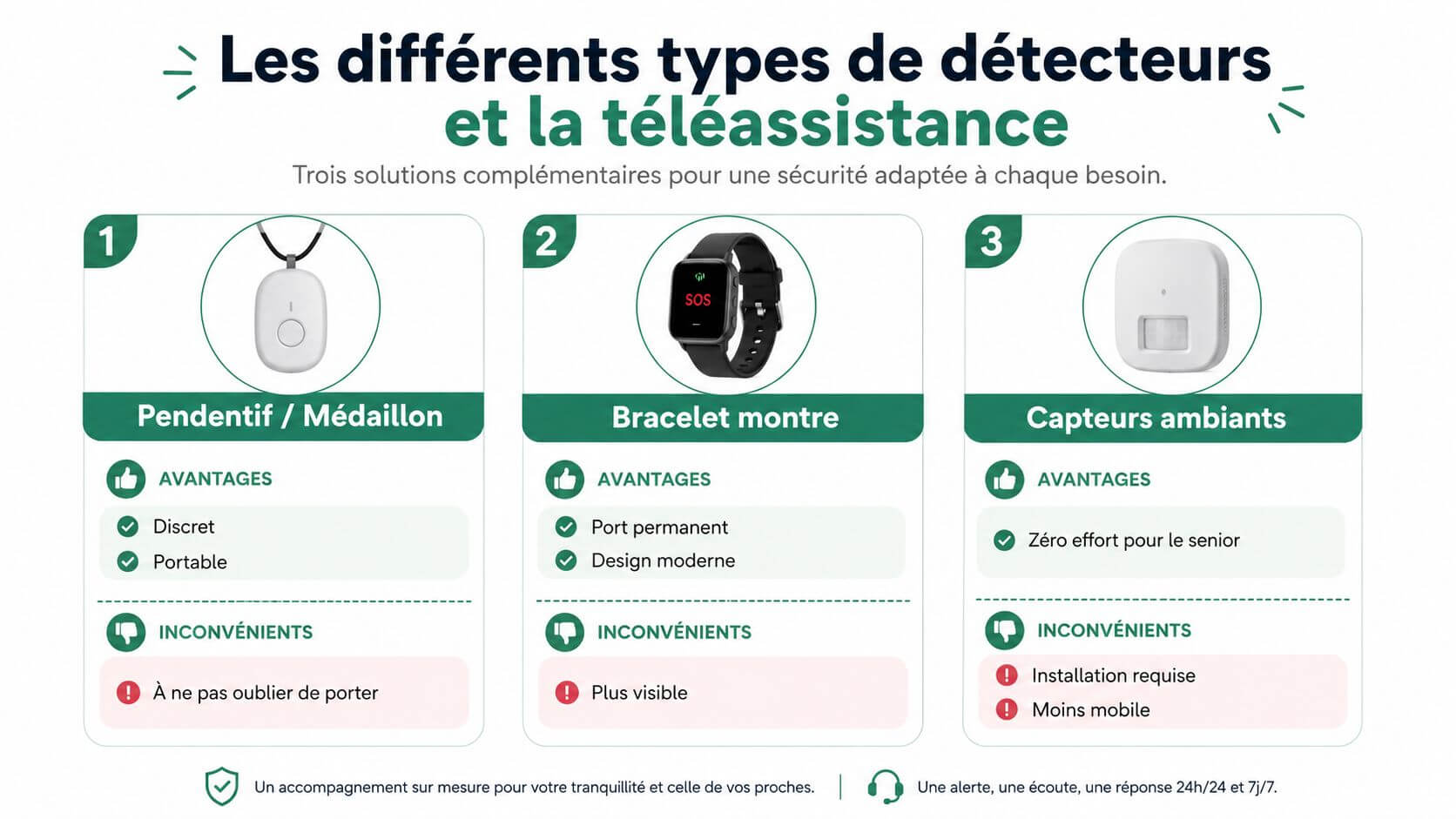 Infographic showing three types of remote support solutions for seniors: pendants, connected watches and ambient sensors.