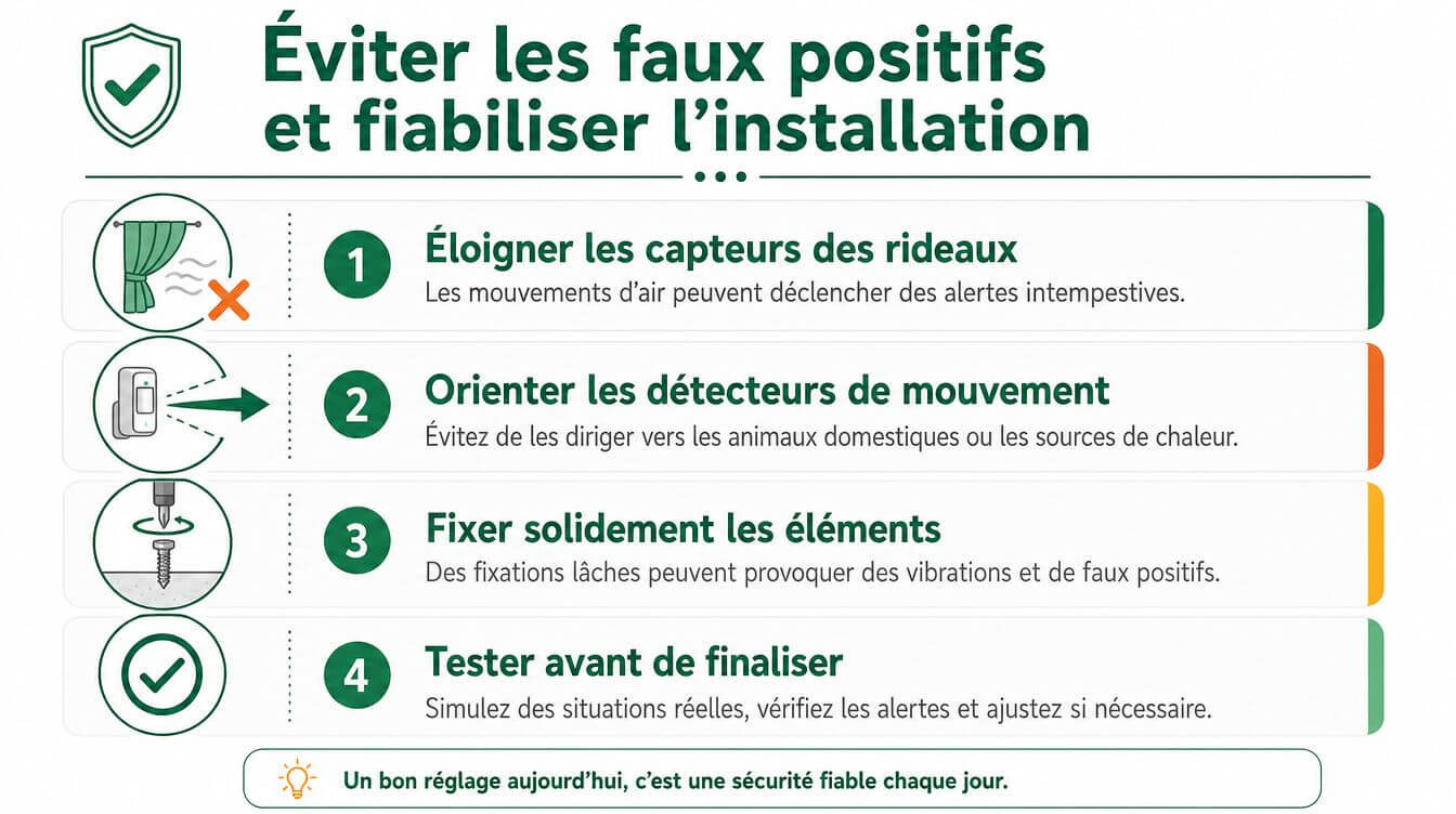Infographic illustrating four practical tips to avoid false alarms and optimize the installation of an alarm system.