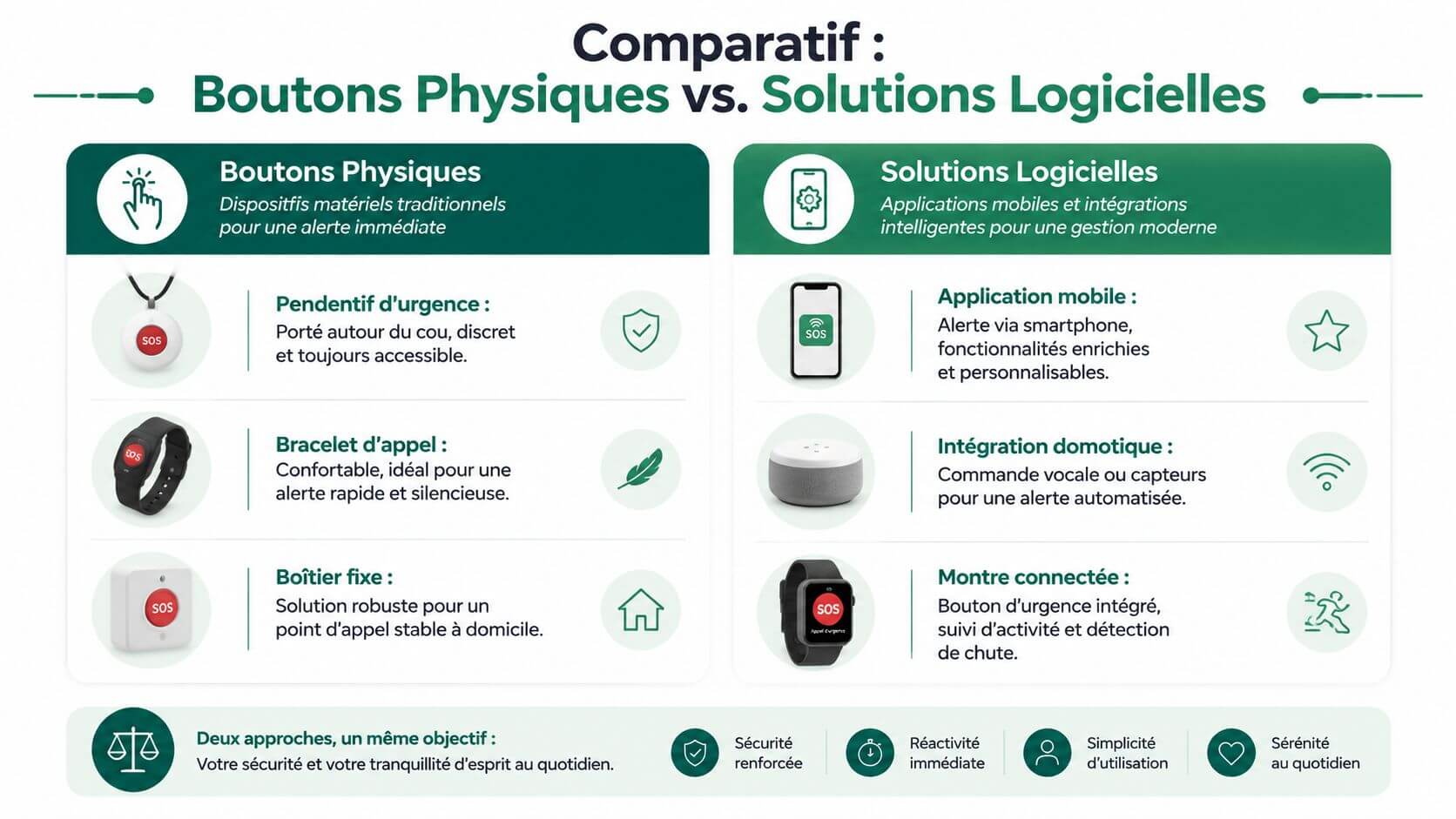 Comparison table illustrated between physical emergency call buttons and connected software solutions for security.