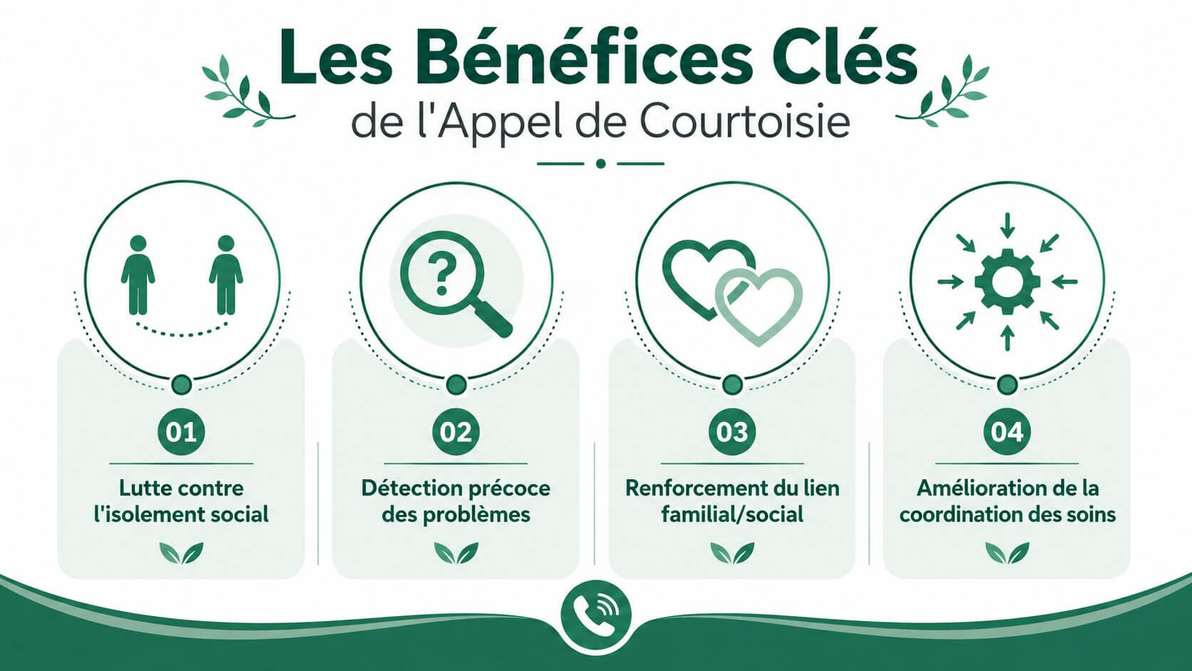 An infographic illustrating the four main benefits of the social and medical welfare courtesy call.