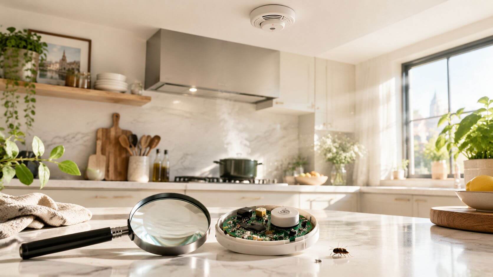 A smoke detector dismantled with an insect on a kitchen counter, examined by a magnifying glass.