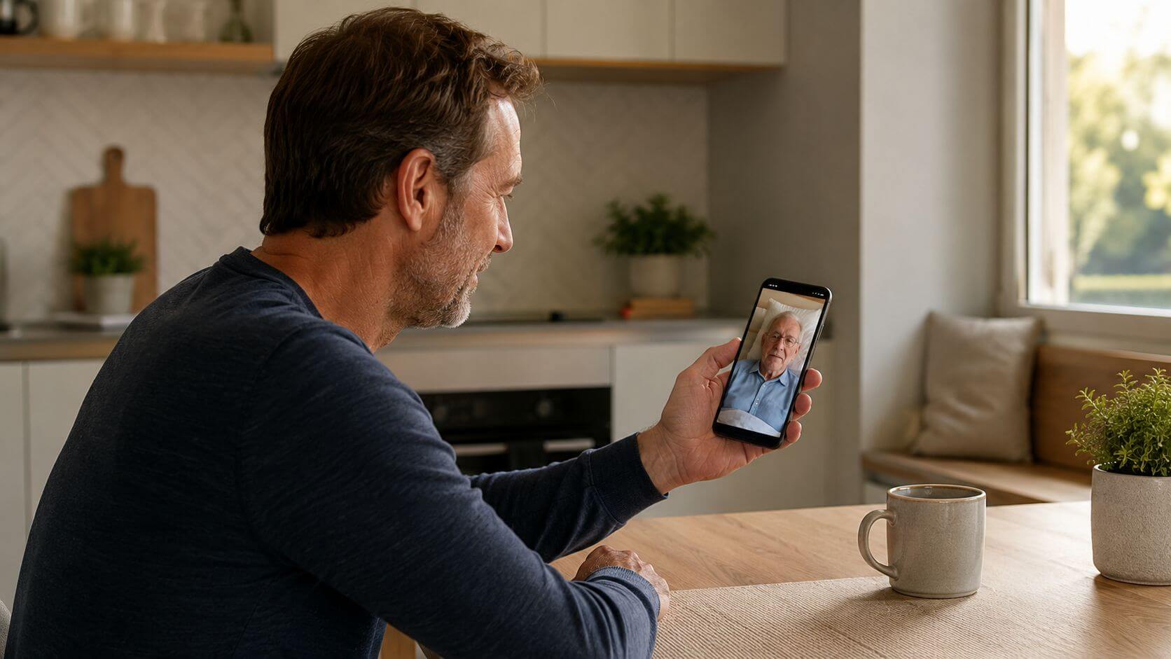 A middle-aged man uses his smartphone for a video conversation with a senior in bed.