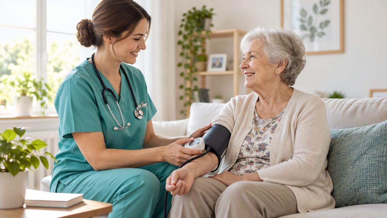A smiling nurse takes the blood pressure of an elderly patient sitting comfortably on a sofa.