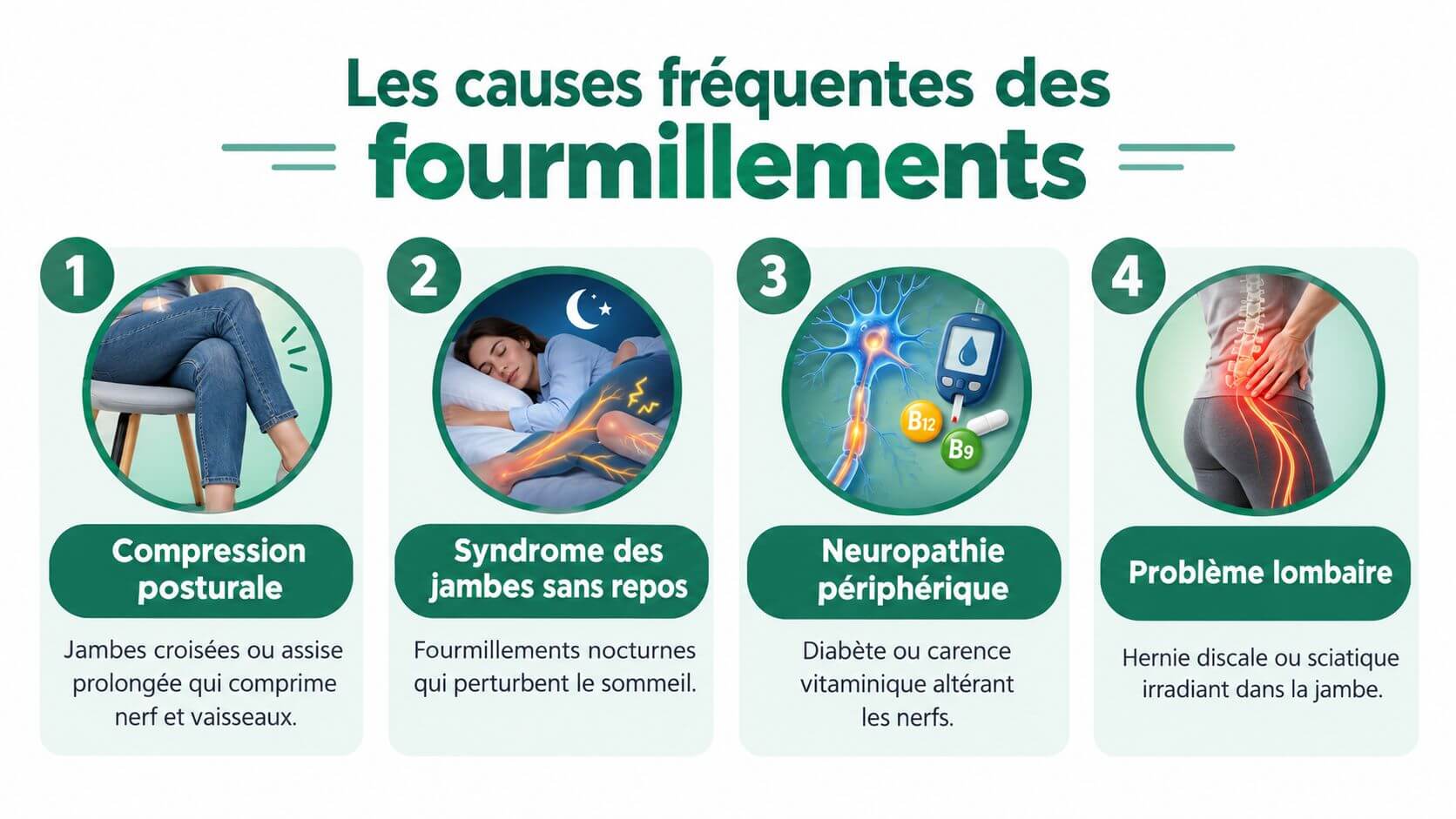 Infographic showing four common causes of squamous legs: posture, restless leg syndrome, neuropathy, and lumbars.