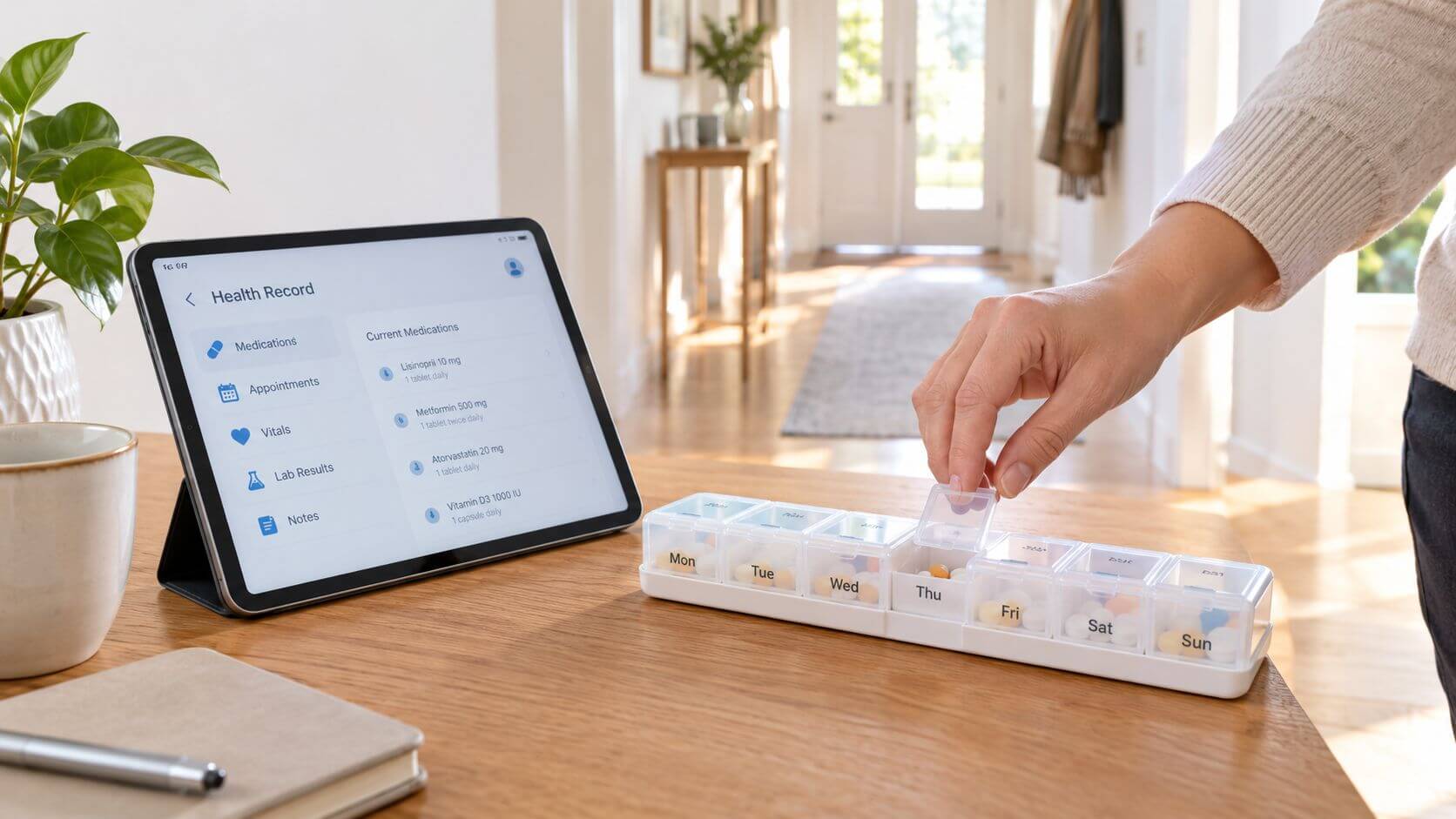 A person organizes medication in a weekly stacker next to a tablet with a medical record.