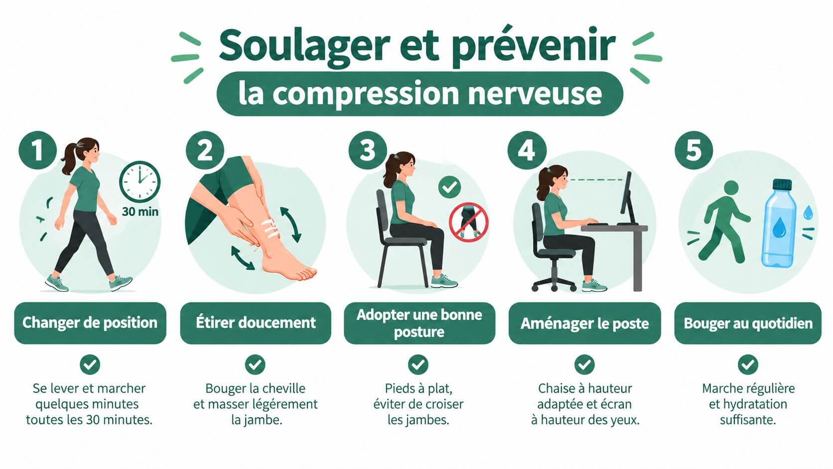 Infographic illustrating five tips to relieve and prevent nervous compression in the legs on a daily basis.