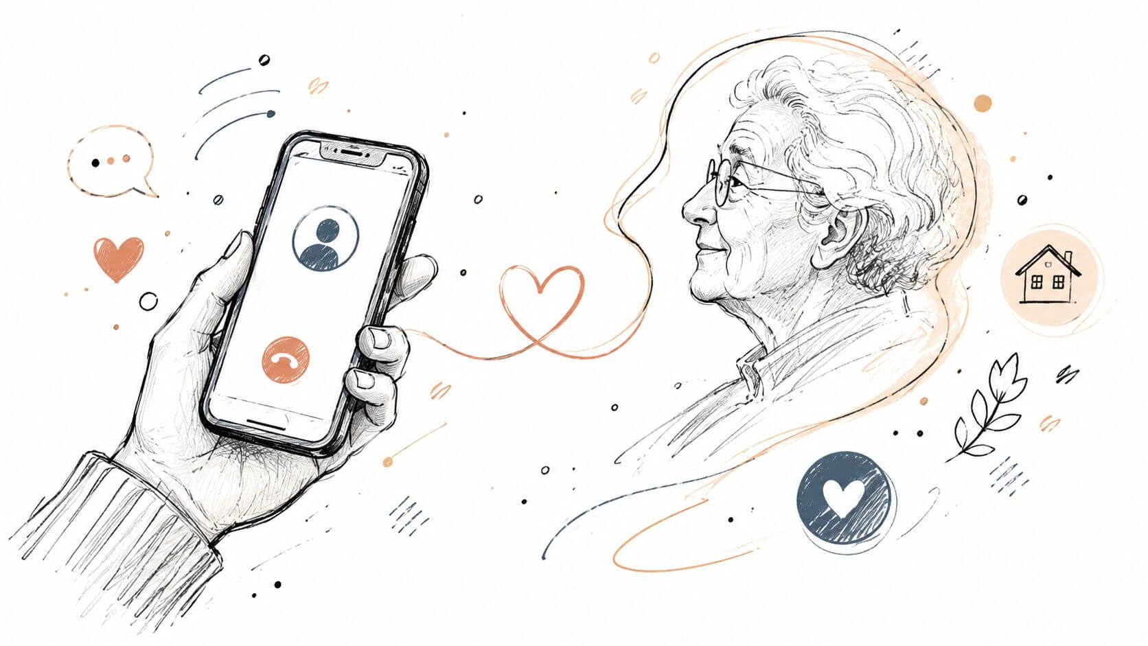 An illustration showing a hand holding a smartphone during a video call with a smiling elderly person.
