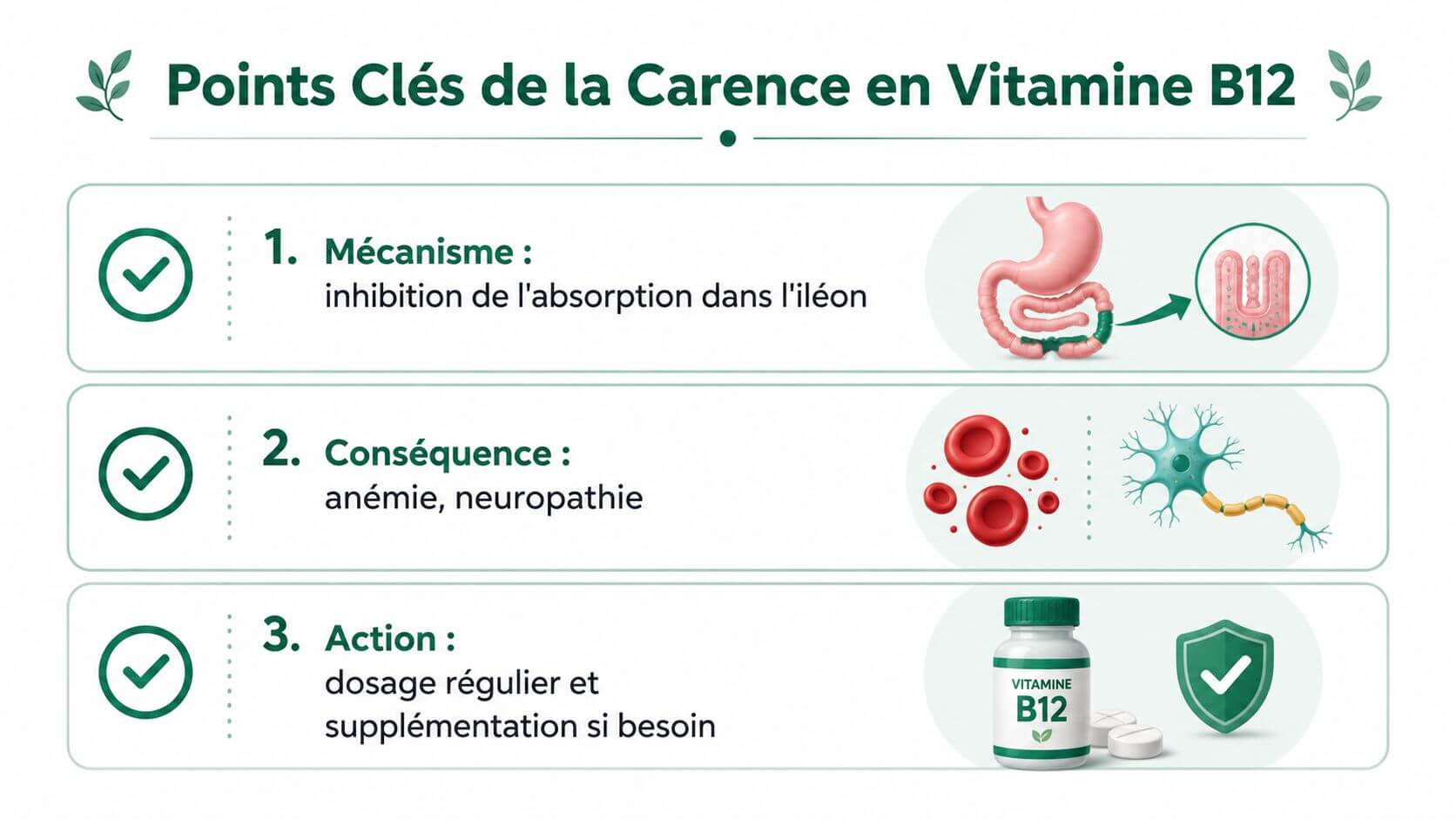 Infographic showing the mechanisms, consequences and actions associated with vitamin B12 deficiency in the body.
