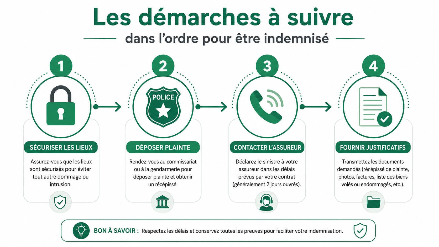 Infographic showing the four essential steps to obtain compensation after a burglary or a disaster.