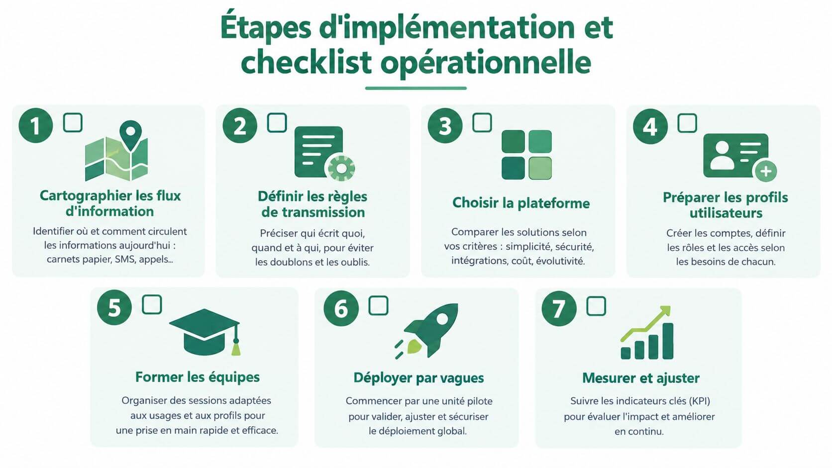 Infographic presenting seven key steps for the operationalization of a digital solution in an organization.