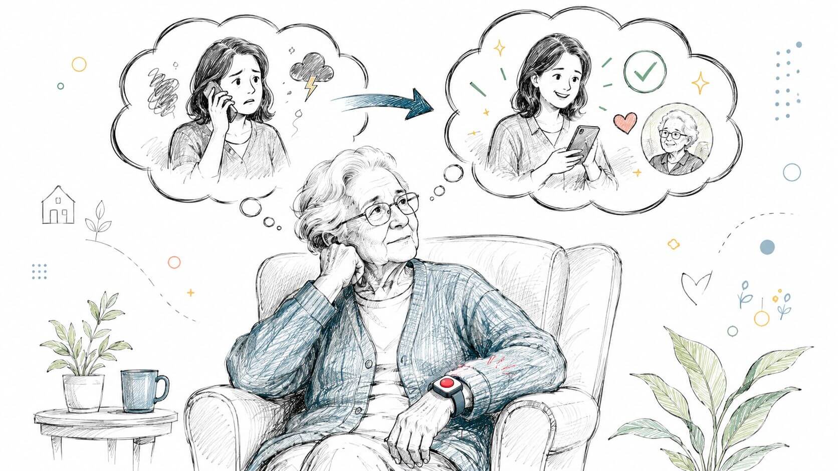 An elderly person sitting in a chair with an emergency call button to ensure his or her safety on a daily basis.