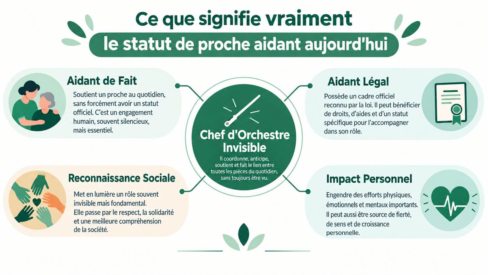 Infographic explaining the status of caregiver as an invisible conductor, encompassing legal and social aspects.