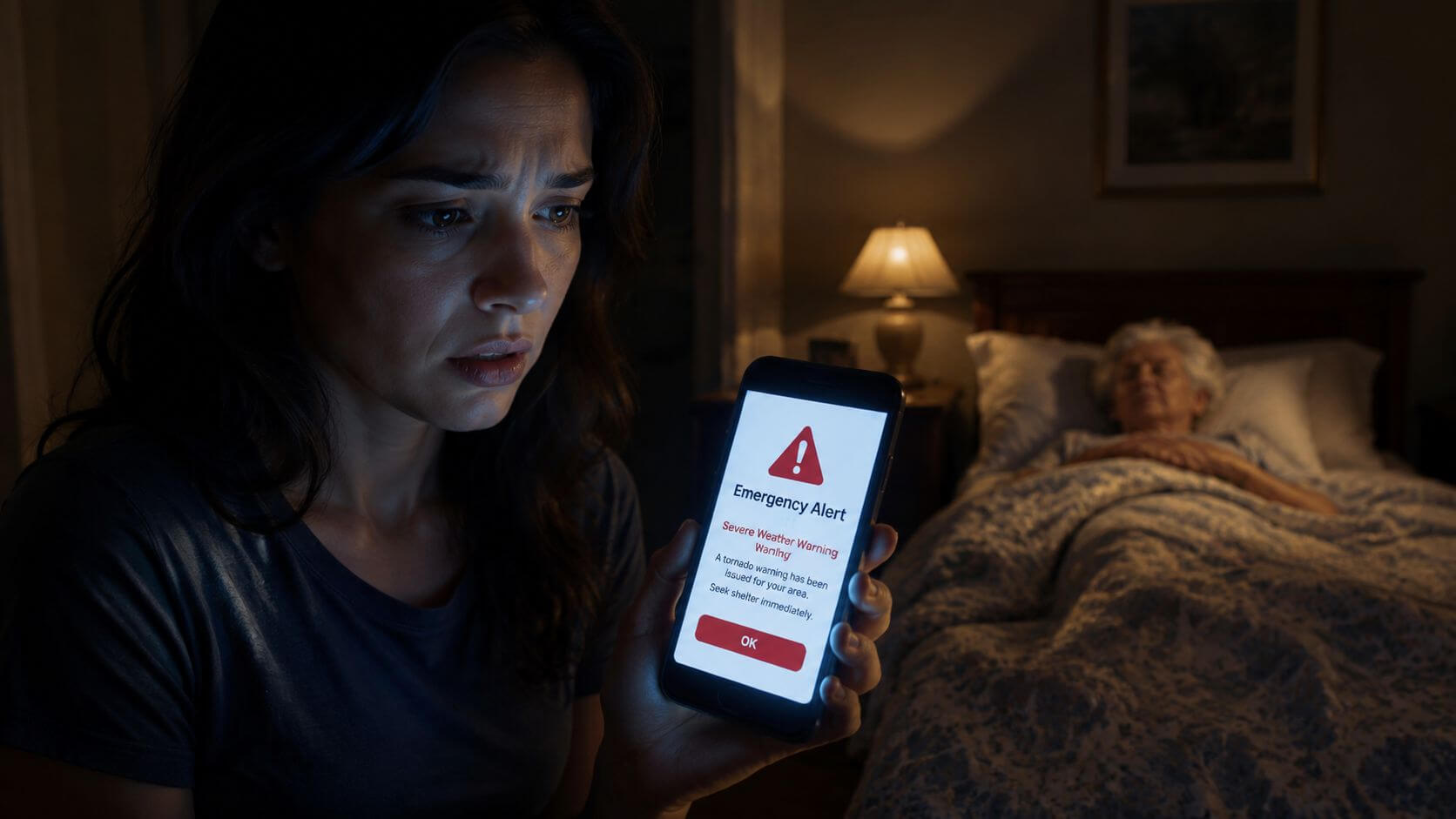 An anxious woman holding a phone displaying a tornado weather alert in a dark room.