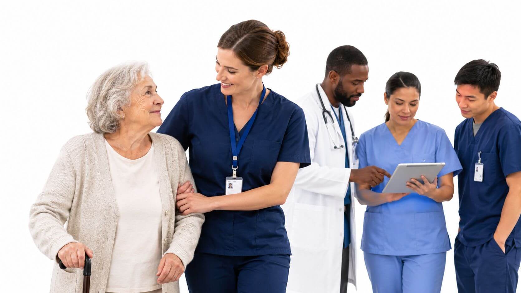 A smiling nurse helps an elderly woman walk with a cane in front of a medical team.
