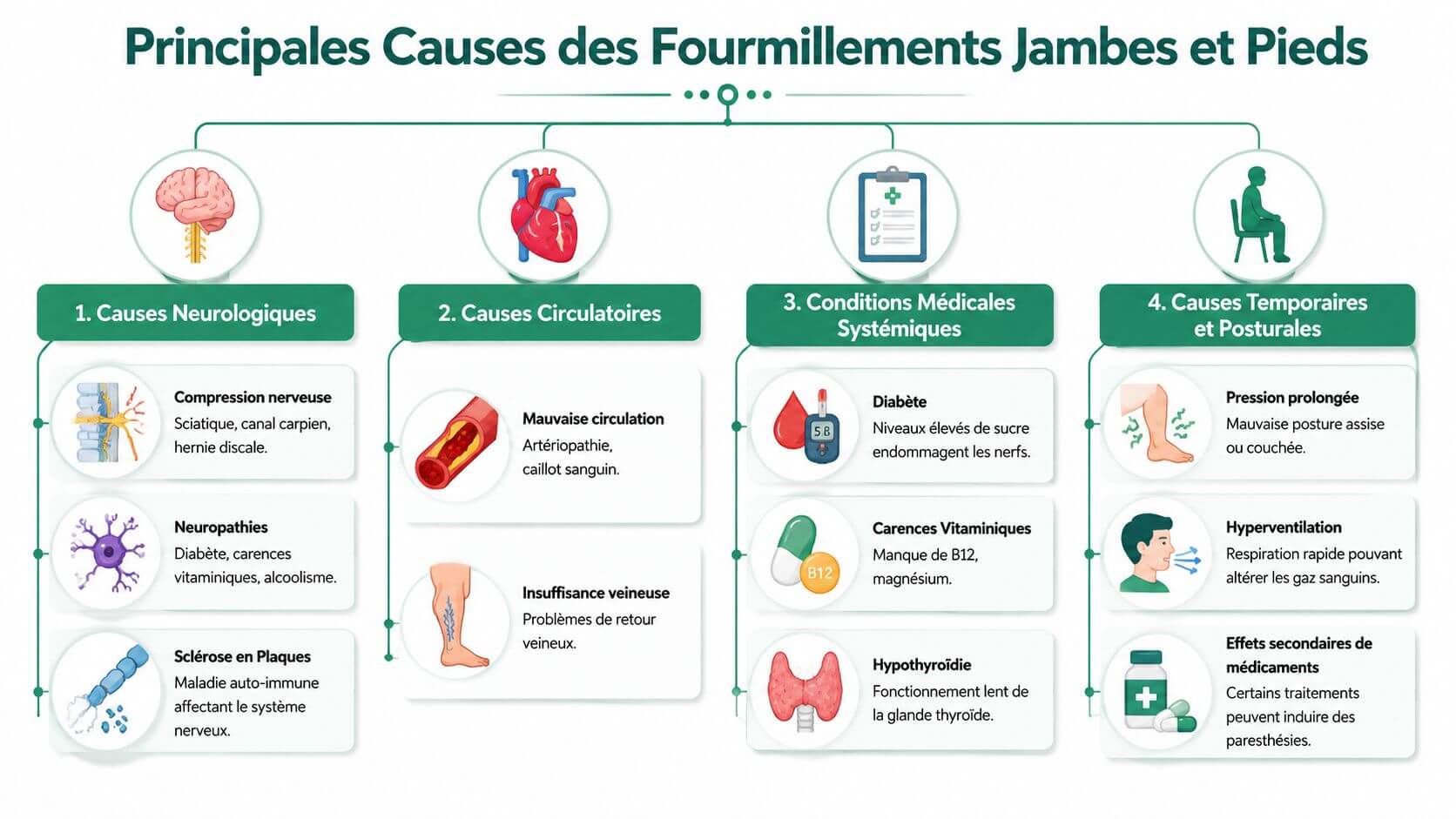 Infographic illustrating the neurological, circulatory, systemic and postural causes of tingling in the legs and feet.