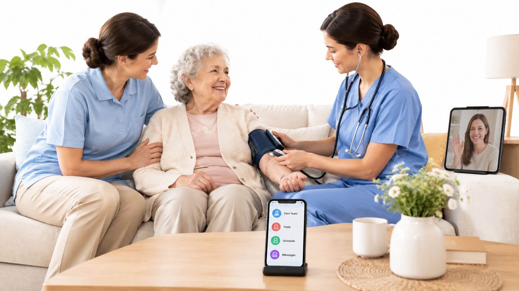 A nurse takes the tension of an elderly person with a home care worker at his side.