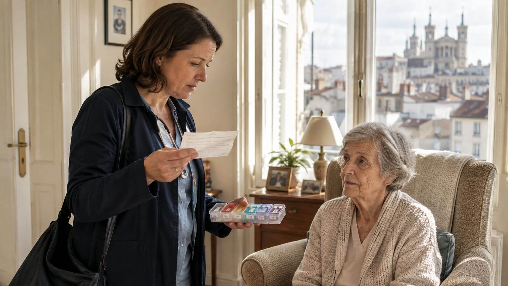 A nurse chats with an elderly person while holding a pill and a medical prescription.