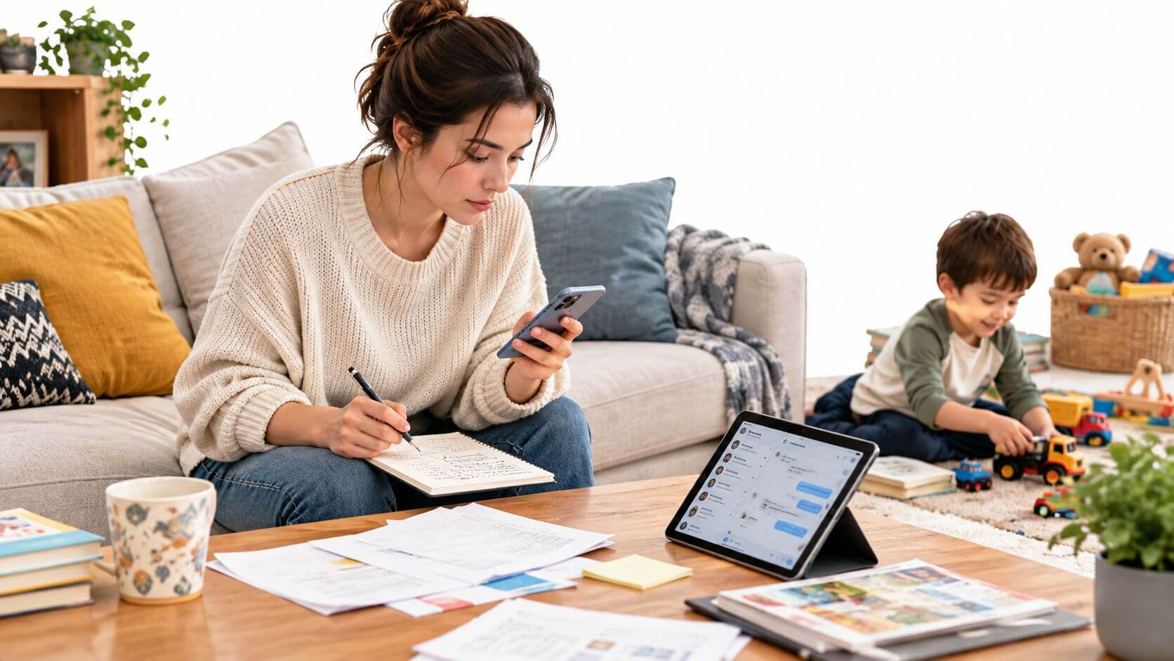A mother works on her laptop while taking notes while her child plays