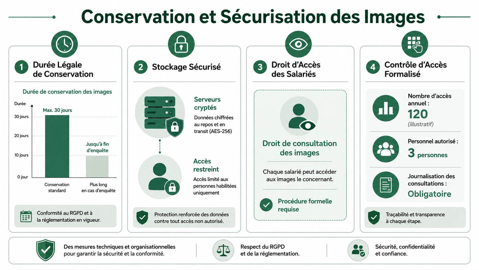 Infographic detailing the measures to preserve and secure video surveillance images in a professional setting.